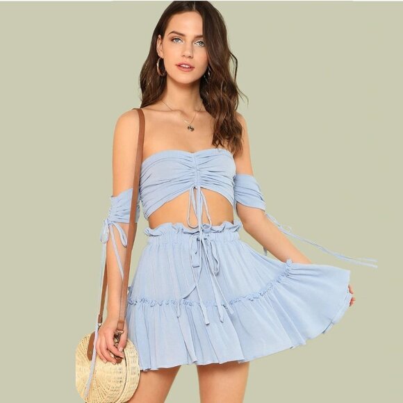 Ruched Off Shoulder Top With Tie Front Skirt Set b37 - Picture 10 of 11